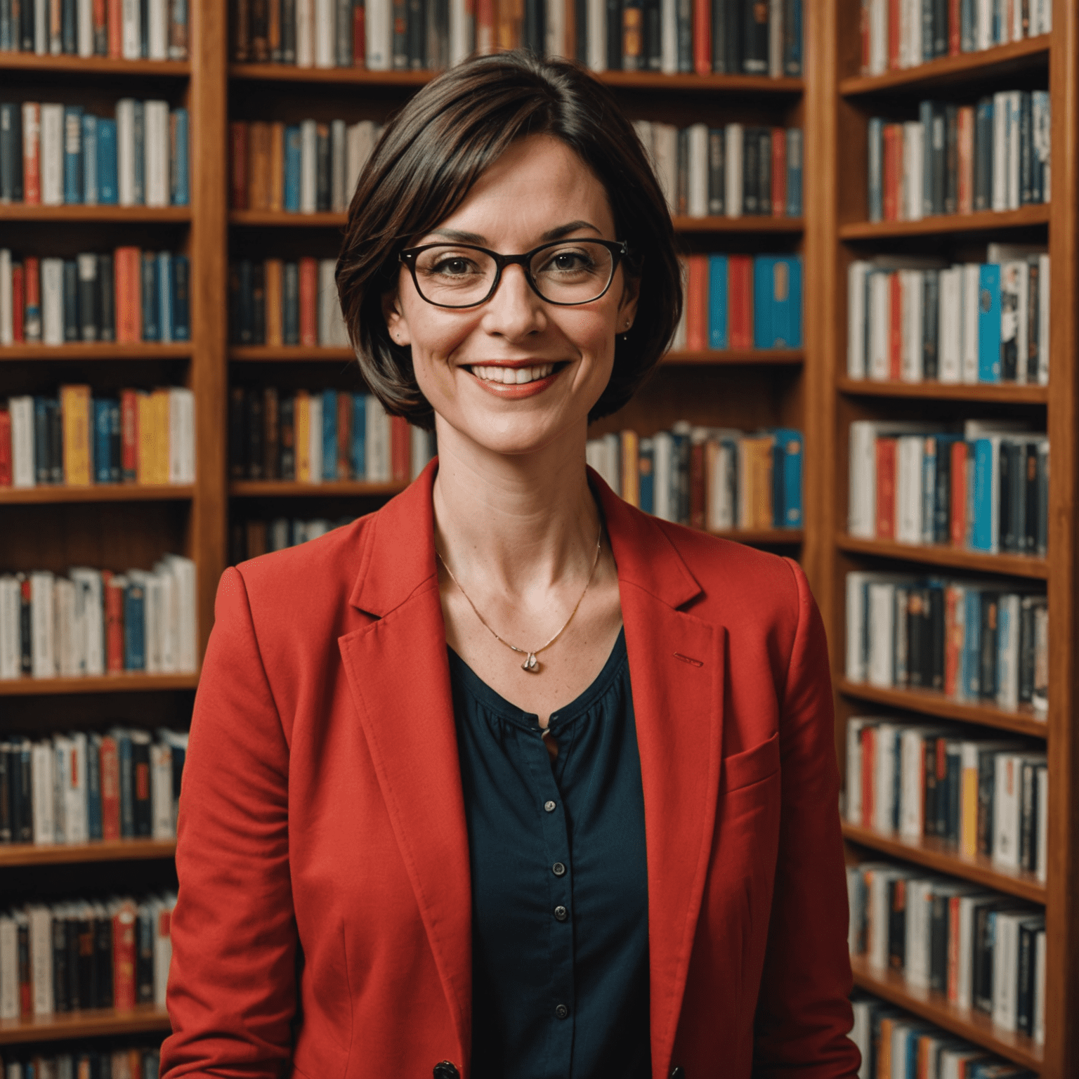 Portrait of Jane Doe, a woman in her 30s with short dark hair and glasses, smiling at the camera. She is wearing a red blazer and is standing in front of a bookshelf filled with DVDs and film-related books.