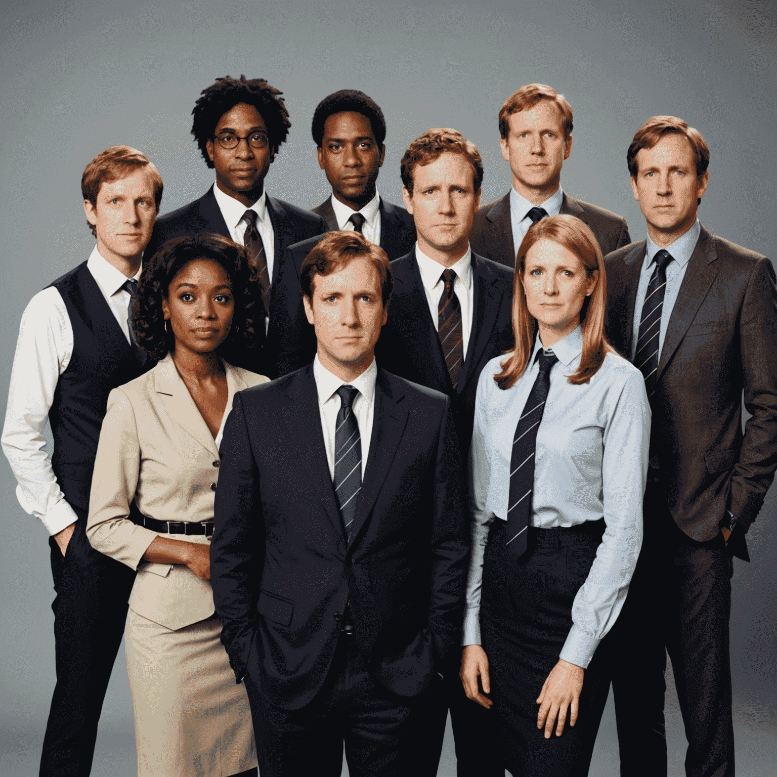 The Office UK cast members in a group shot, showcasing their quirky personalities and office attire