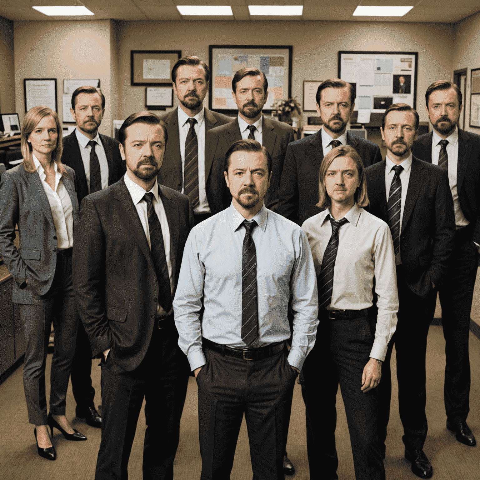 The cast of The Office UK standing in their office, with Ricky Gervais as David Brent in the center, surrounded by other characters including Martin Freeman as Tim and Mackenzie Crook as Gareth