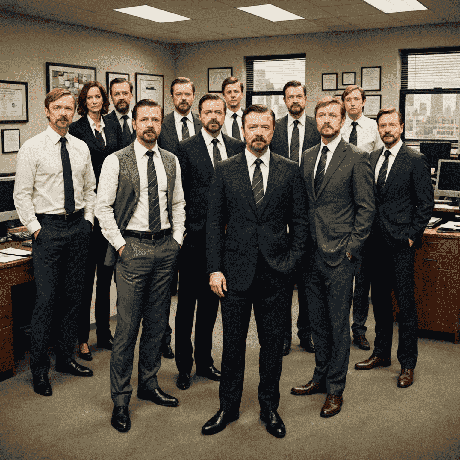 The Office UK cast posing in their office setting, with Ricky Gervais as David Brent in the center, surrounded by Martin Freeman, Mackenzie Crook, and other cast members