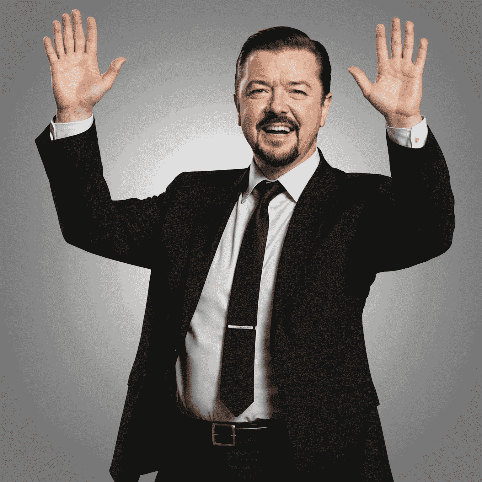 David Brent, played by Ricky Gervais, in his iconic pose from The Office UK. He's wearing a suit, has a smug expression, and is gesturing with his hands in a typical David Brent manner.