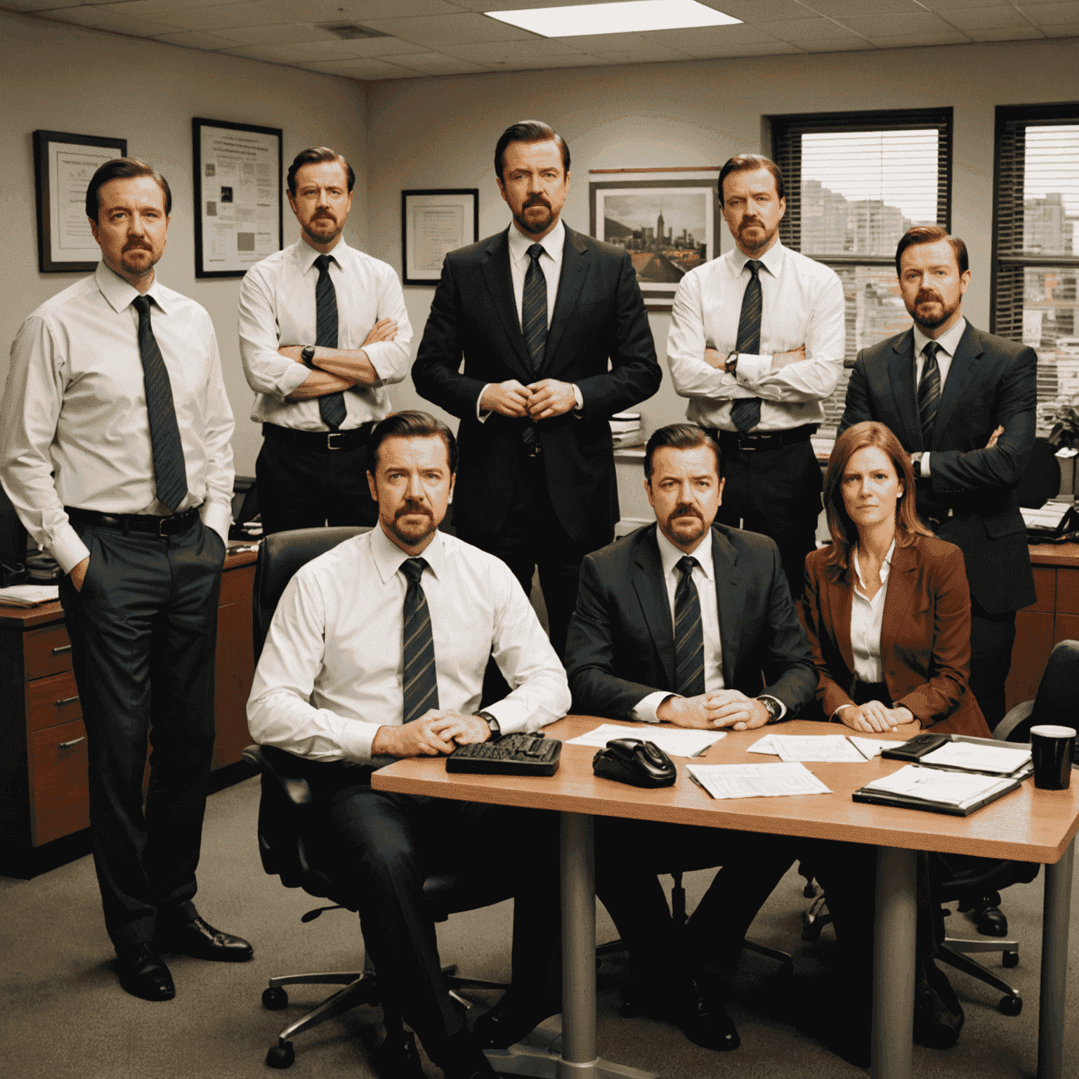 The cast of The Office UK sitting in their office set, with Ricky Gervais as David Brent in the center