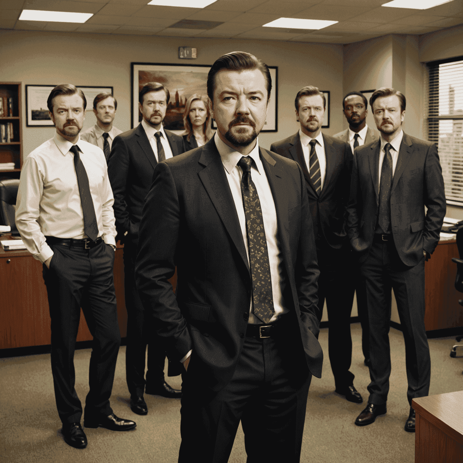 Cast of The Office UK, including Ricky Gervais as David Brent, standing in their office setting