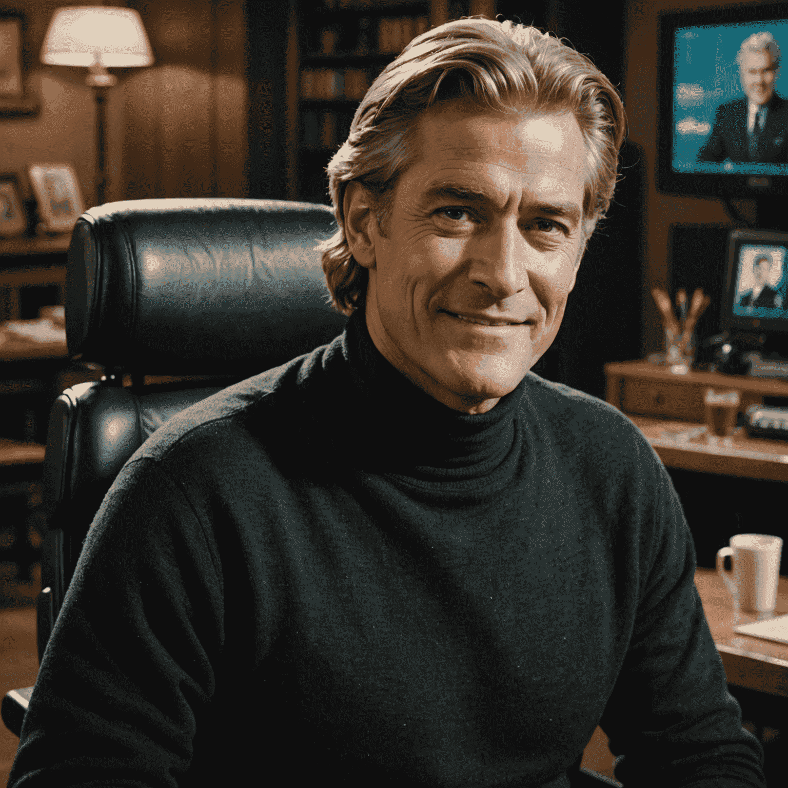 Portrait of John Smith, a man in his 40s with salt and pepper hair and a friendly smile. He is wearing a black turtleneck and is seated in a director's chair with a film set visible in the background.