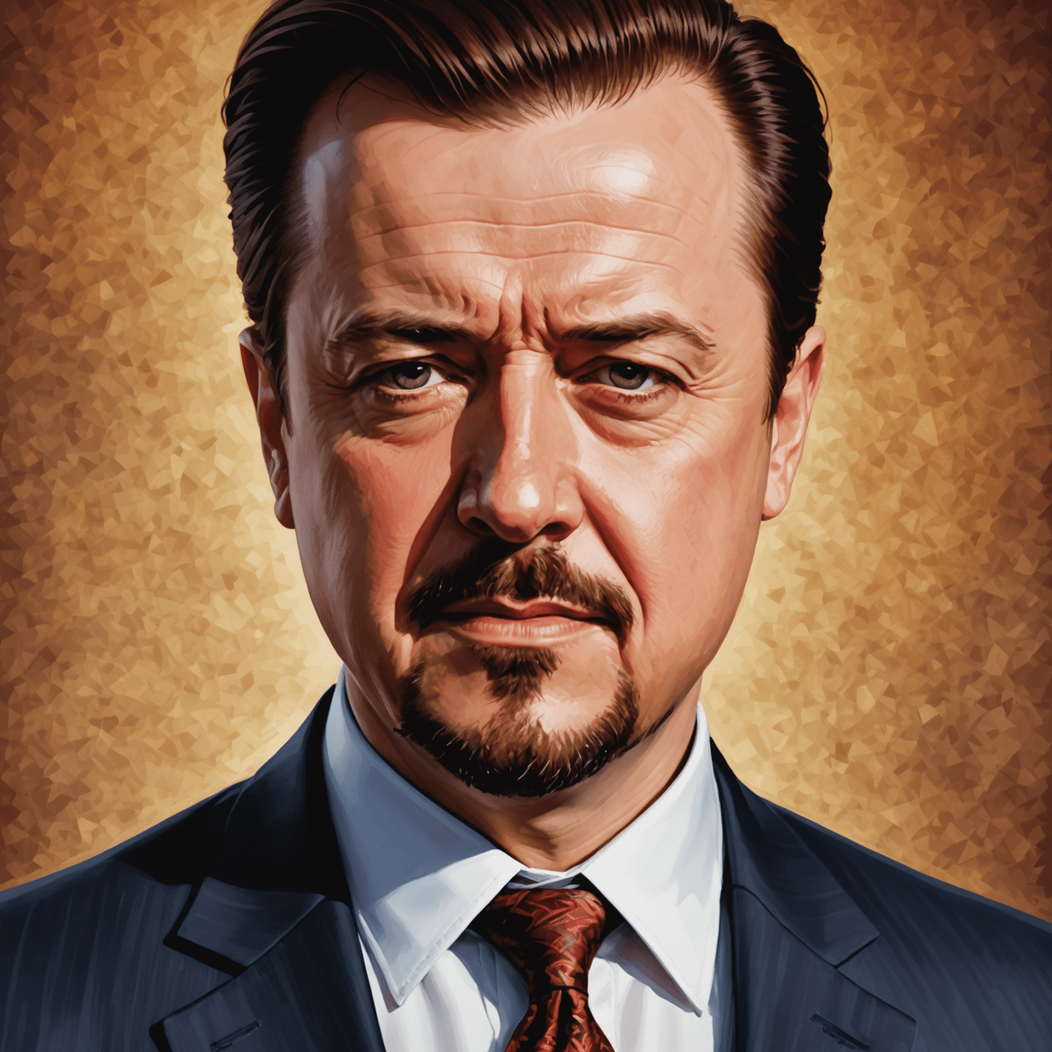 Close-up portrait of David Brent, showcasing his signature smirk and ill-fitting suit