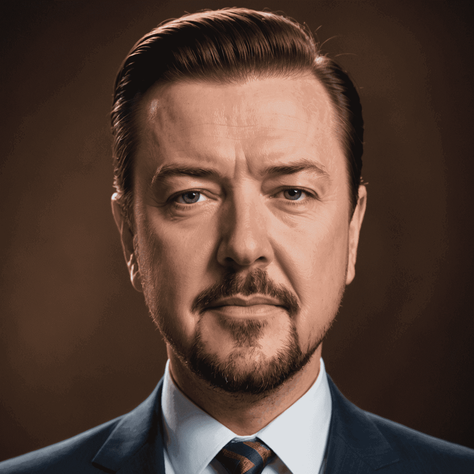 A close-up portrait of Ricky Gervais as David Brent, wearing his signature suit and tie, with a smug expression on his face