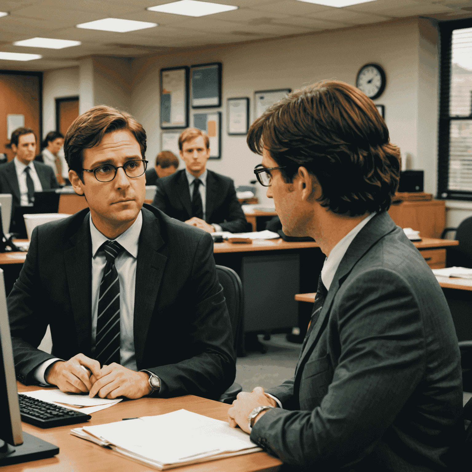 A scene from The Office UK showing Tim and Dawn sharing a moment at their desks, with Gareth looking on suspiciously in the background