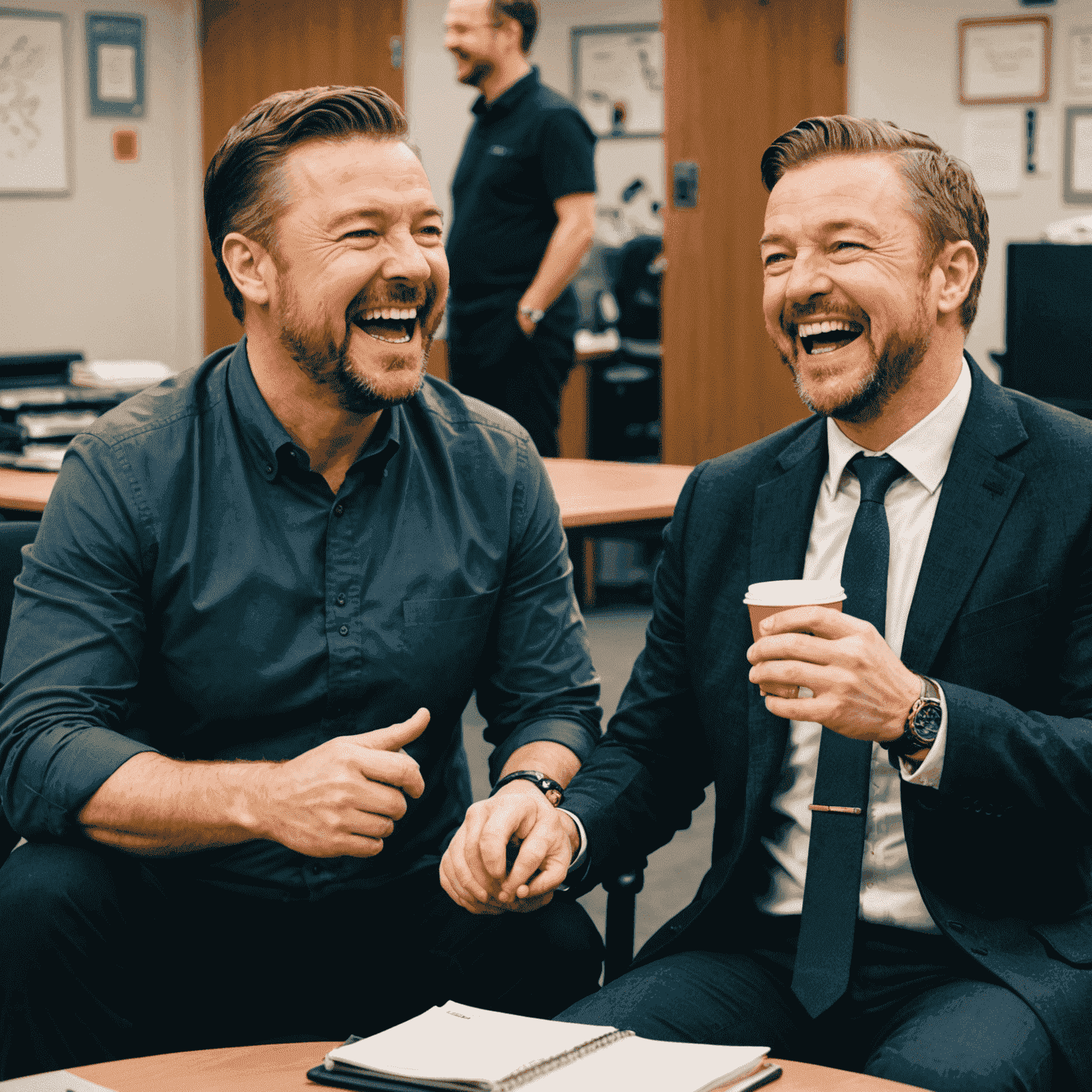 Behind-the-scenes photo of Ricky Gervais and Martin Freeman laughing between takes on The Office UK set