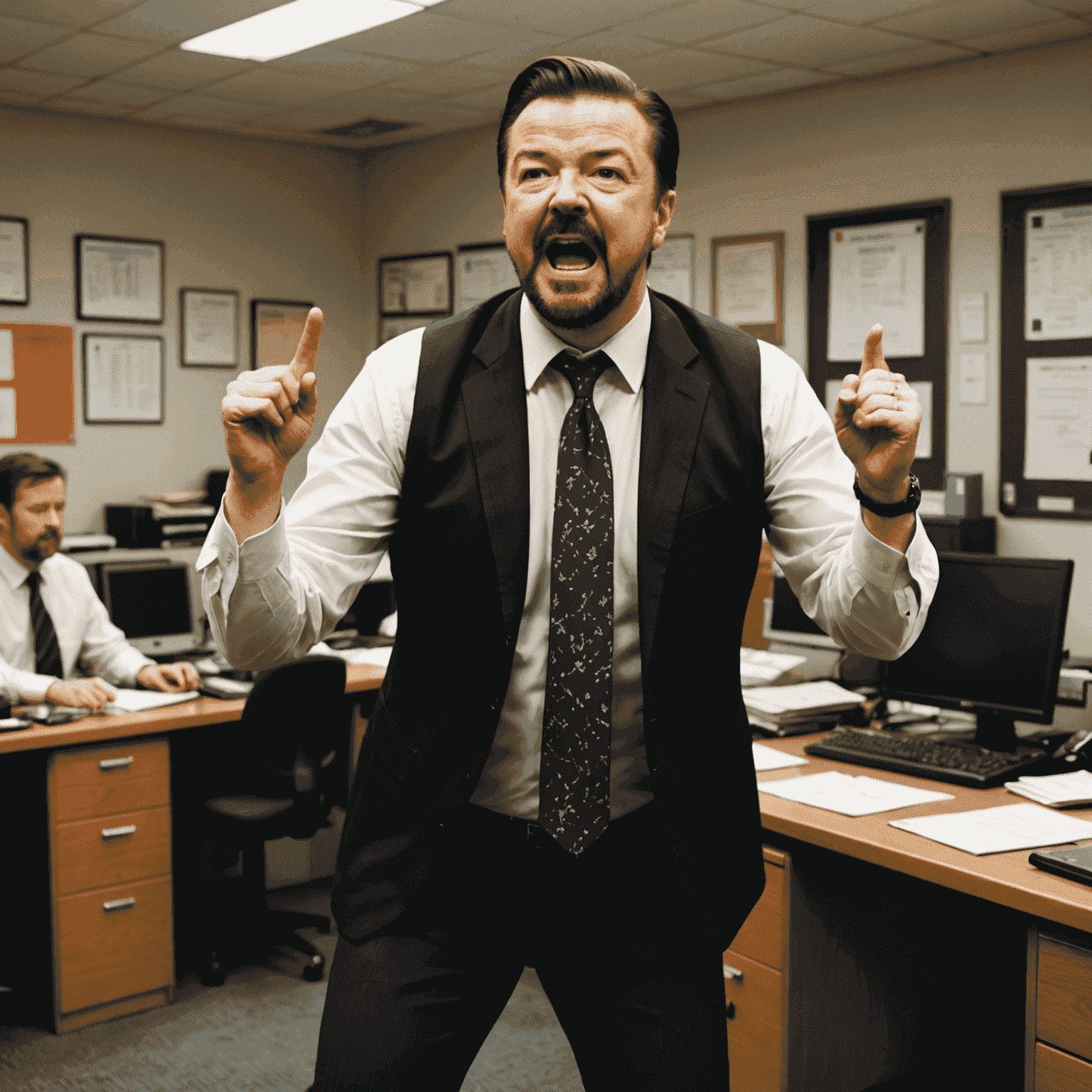 Ricky Gervais as David Brent performing his infamous dance in The Office UK