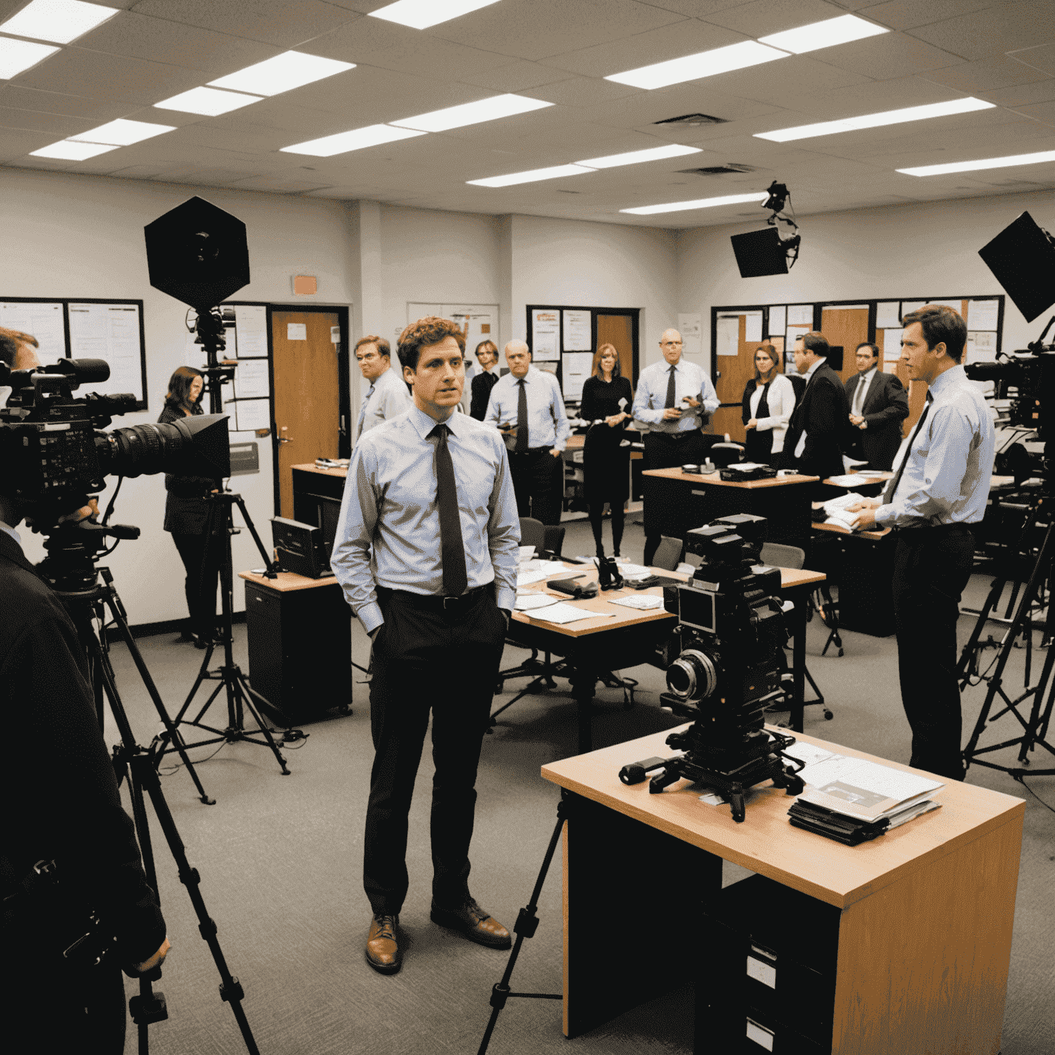 Behind the scenes image of The Office UK set, showing cameras, crew, and actors in between takes