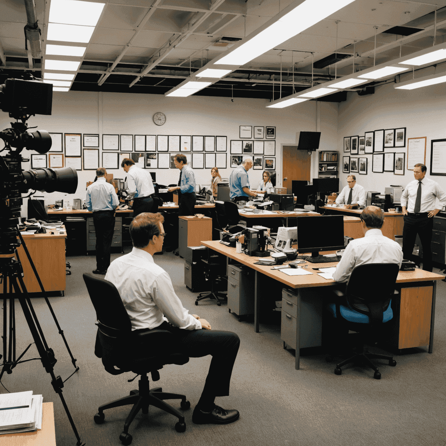 A behind-the-scenes image of The Office UK set, showing cameras, crew members, and actors in between takes