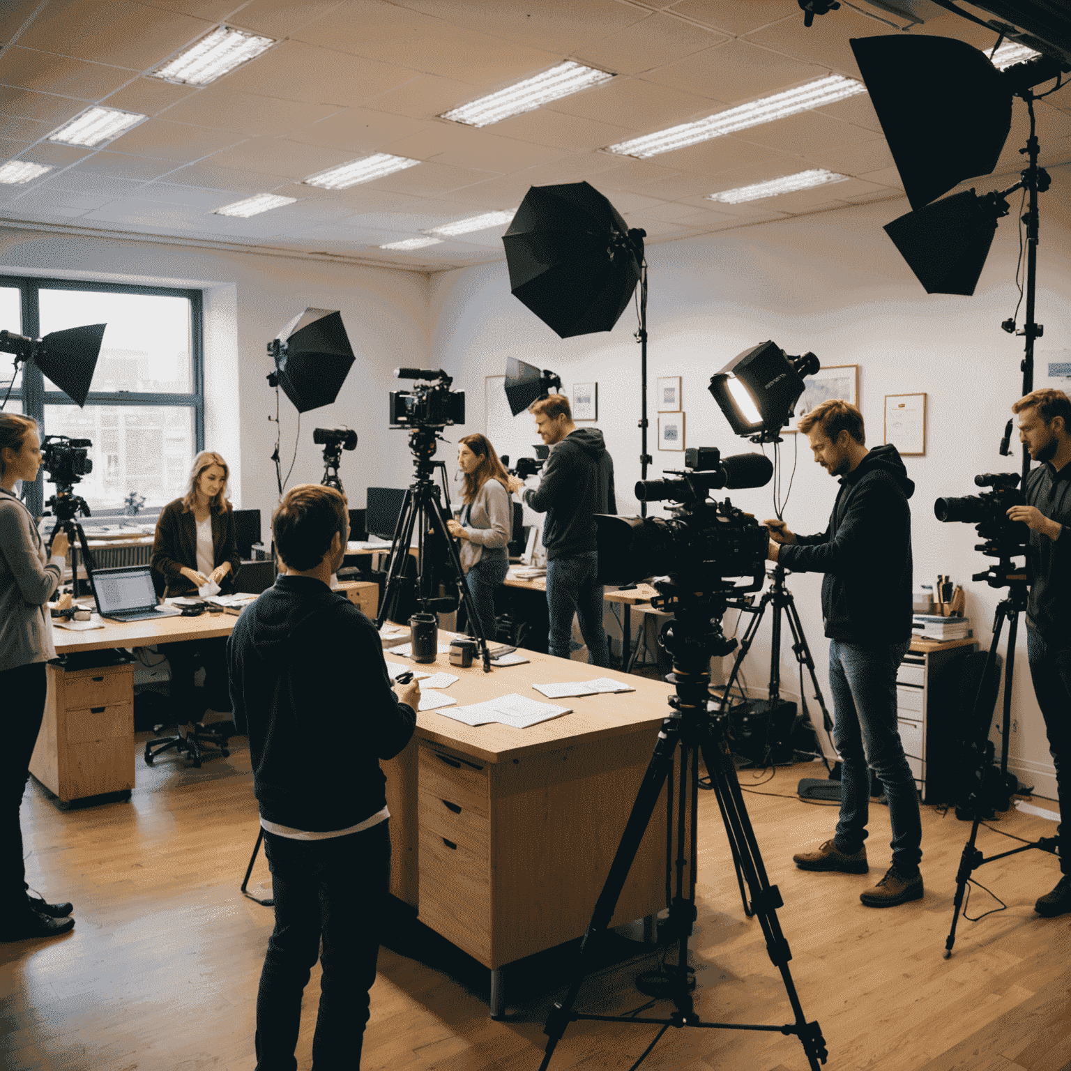 A film crew setting up cameras and lights in The Office UK set, with actors in the background