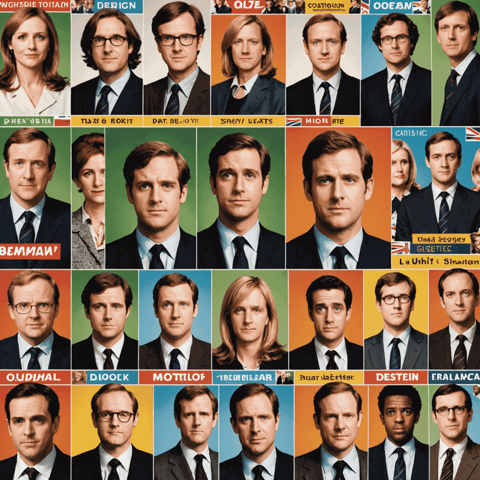 A collage of British comedy shows influenced by The Office UK, including posters and characters from various sitcoms